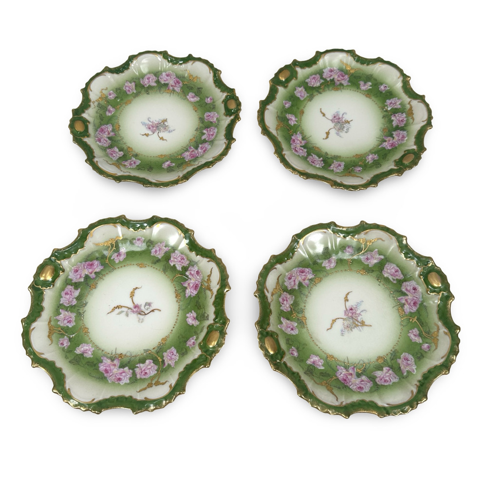 Vintage Limoges Art Nouveau LS&S Straus Salad Plates Roses Green Gold Lot‎ of 4